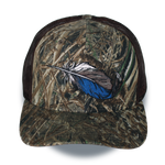 Riverside cap with duck-feather graphic on bottomland camo, brown mesh back