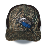 Riverside cap with duck-feather graphic on bottomland camo, brown mesh back