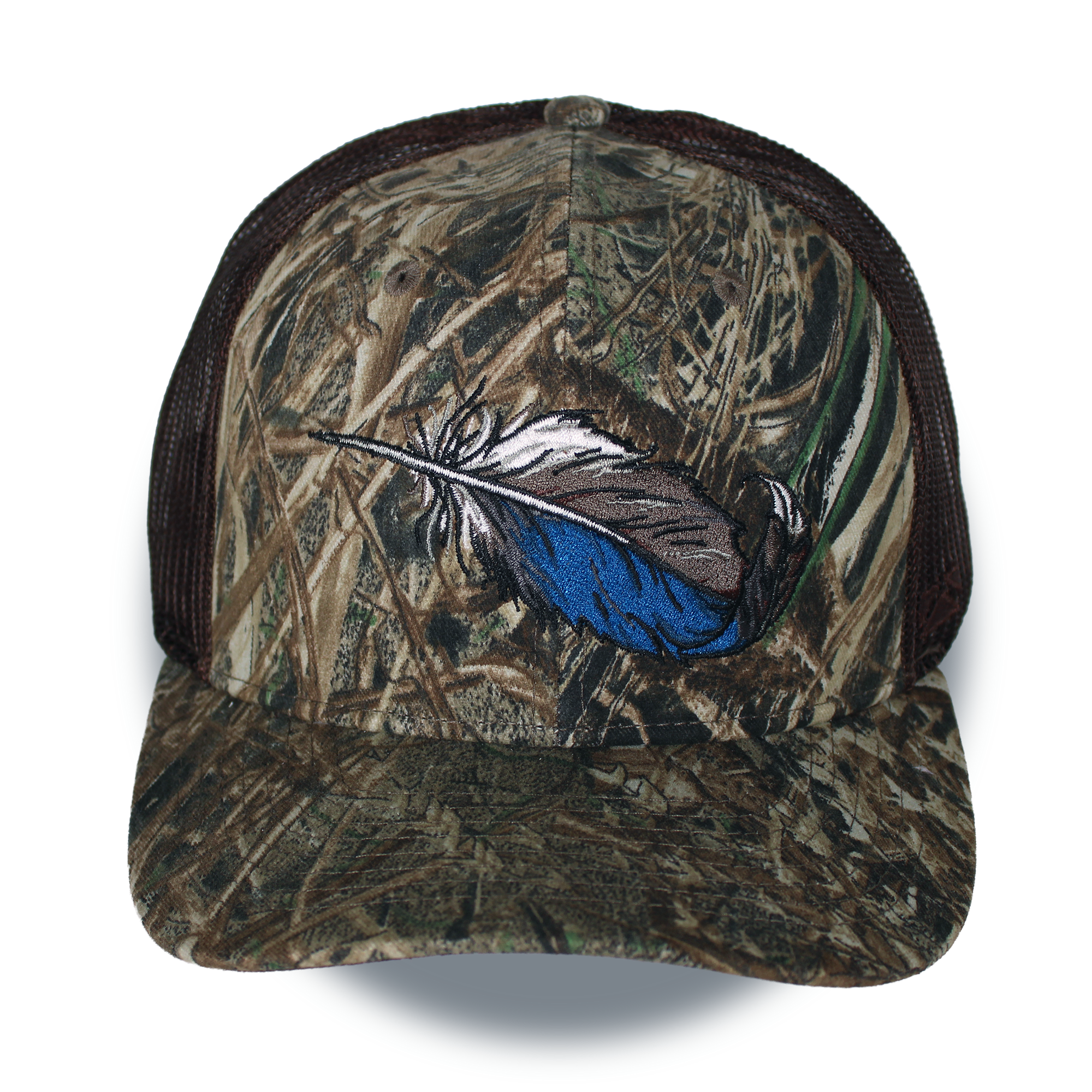 Riverside cap with duck-feather graphic on bottomland camo, brown mesh back
