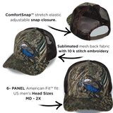 Bottomland camo 6-panel riverside cap with duck-feather front and brown mesh back