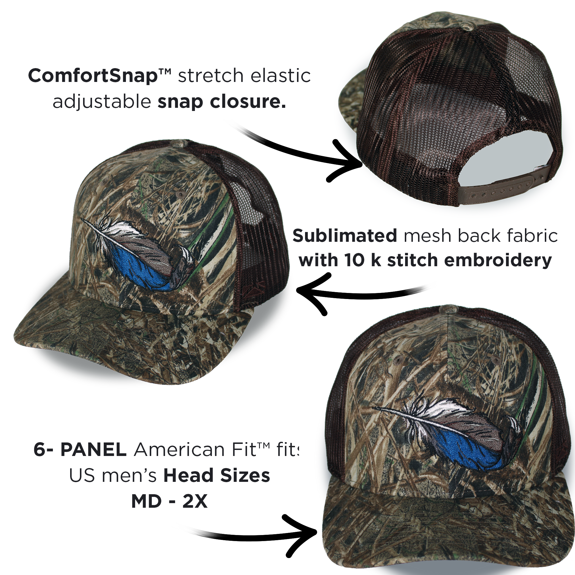 Bottomland camo 6-panel riverside cap with duck-feather front and brown mesh back