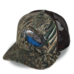 Bottomland camo riverside cap with duck-feather front panel and brown mesh side