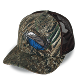 Bottomland camo riverside cap with duck-feather front panel and brown mesh side