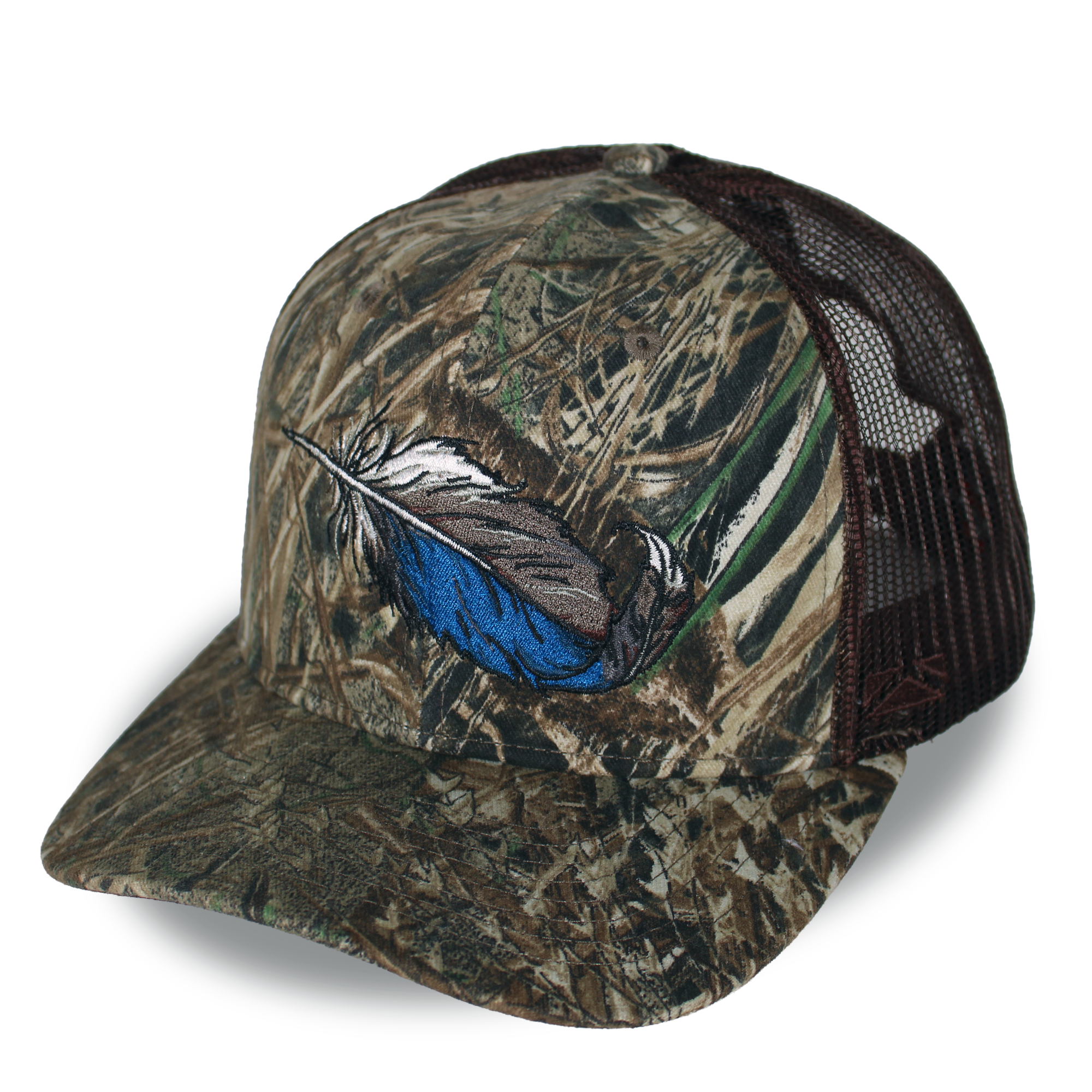 Bottomland camo riverside cap with duck-feather front panel and brown mesh side