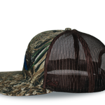 Bottomland camo riverside cap with brown mesh back and adjustable snap strap