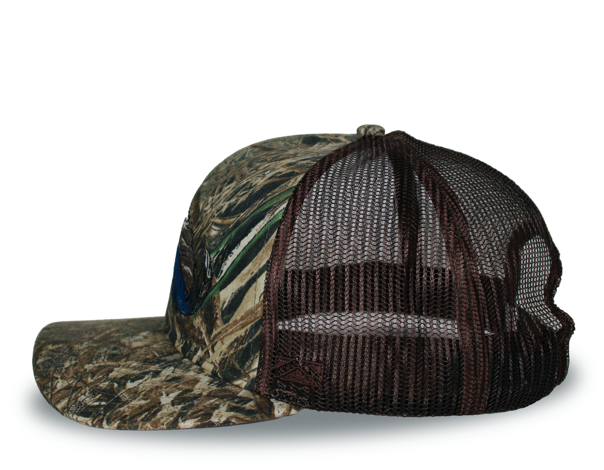 Bottomland camo riverside cap with brown mesh back and adjustable snap strap