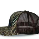 Bottomland camo riverside cap with brown mesh back and adjustable snap strap