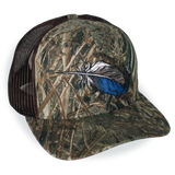 Bottomland camo riverside cap featuring a duck-feather graphic and curved brim