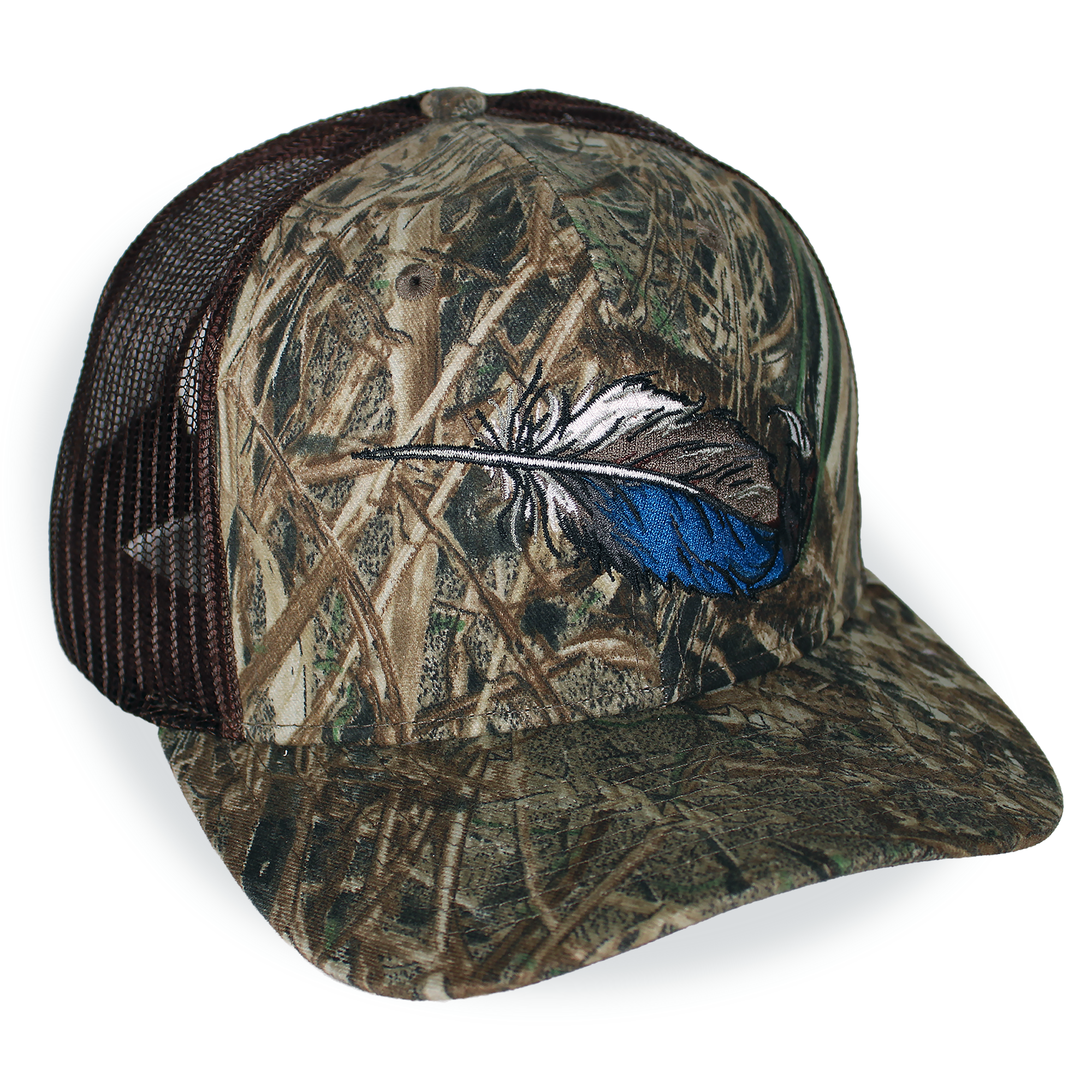 Bottomland camo riverside cap featuring a duck-feather graphic and curved brim