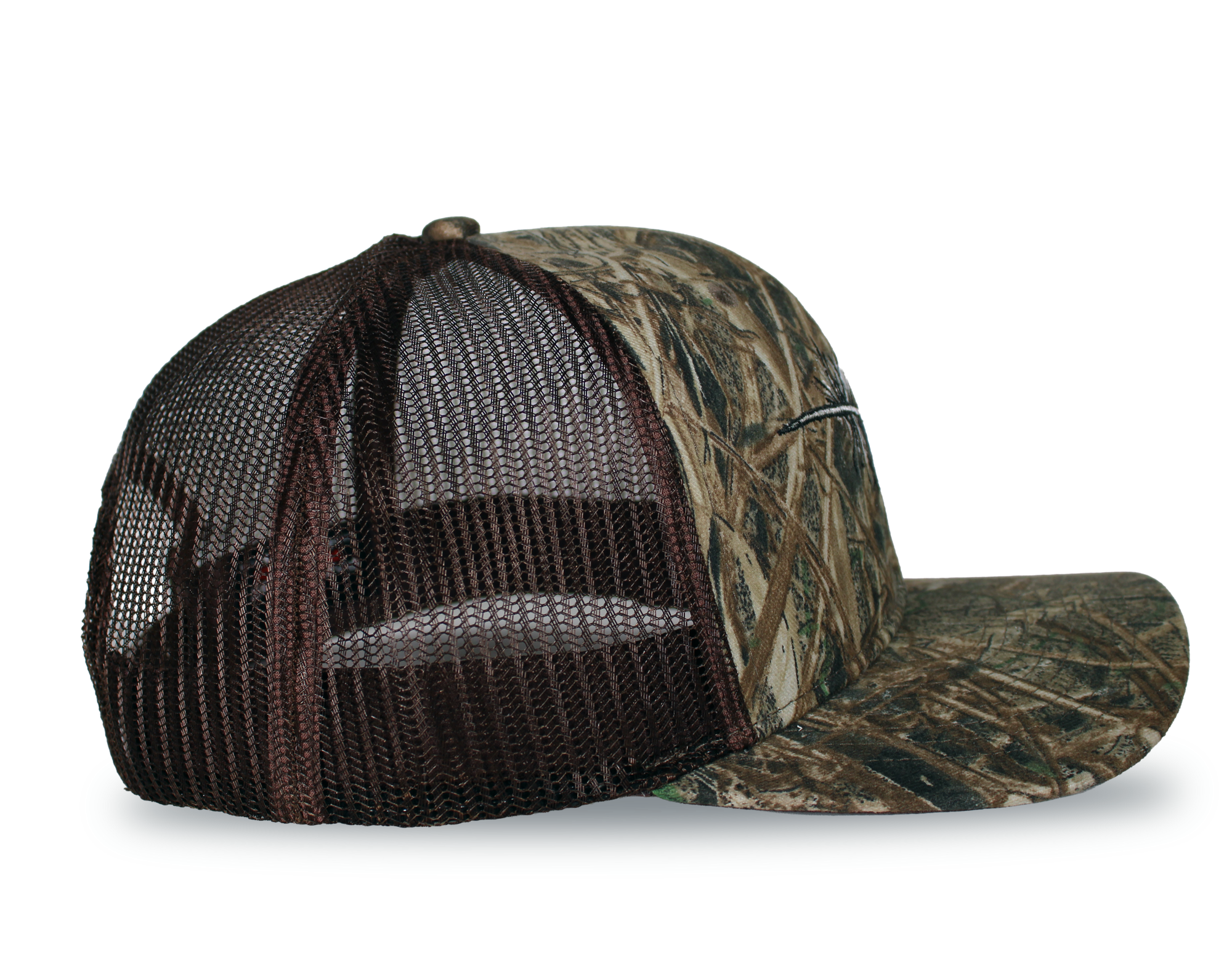 Bottomland camo riverside cap with duck-feather front and brown mesh side panels