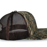 Bottomland camo riverside cap with duck-feather front and brown mesh side panels