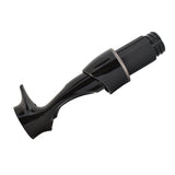 Glossy black casting reel seat with light gray ring and tapered grip hood