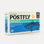 Saltwater fly assortment box with blue Postfly Saltwater Kit label