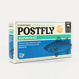 Saltwater fly assortment box with blue Postfly Saltwater Kit label