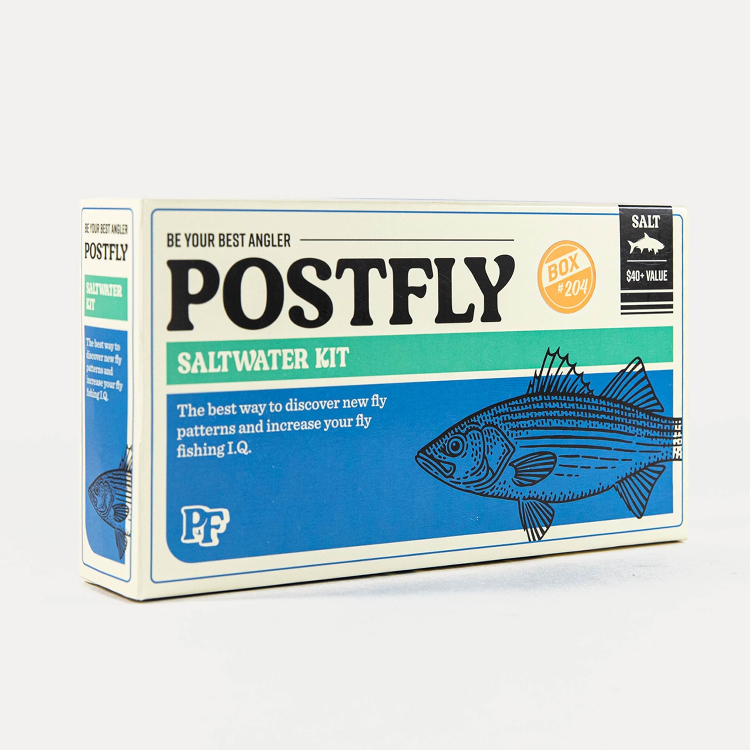 Saltwater fly assortment box with blue Postfly Saltwater Kit label