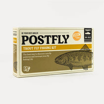 Trout fly fishing kit box with Postfly branding and fly graphics