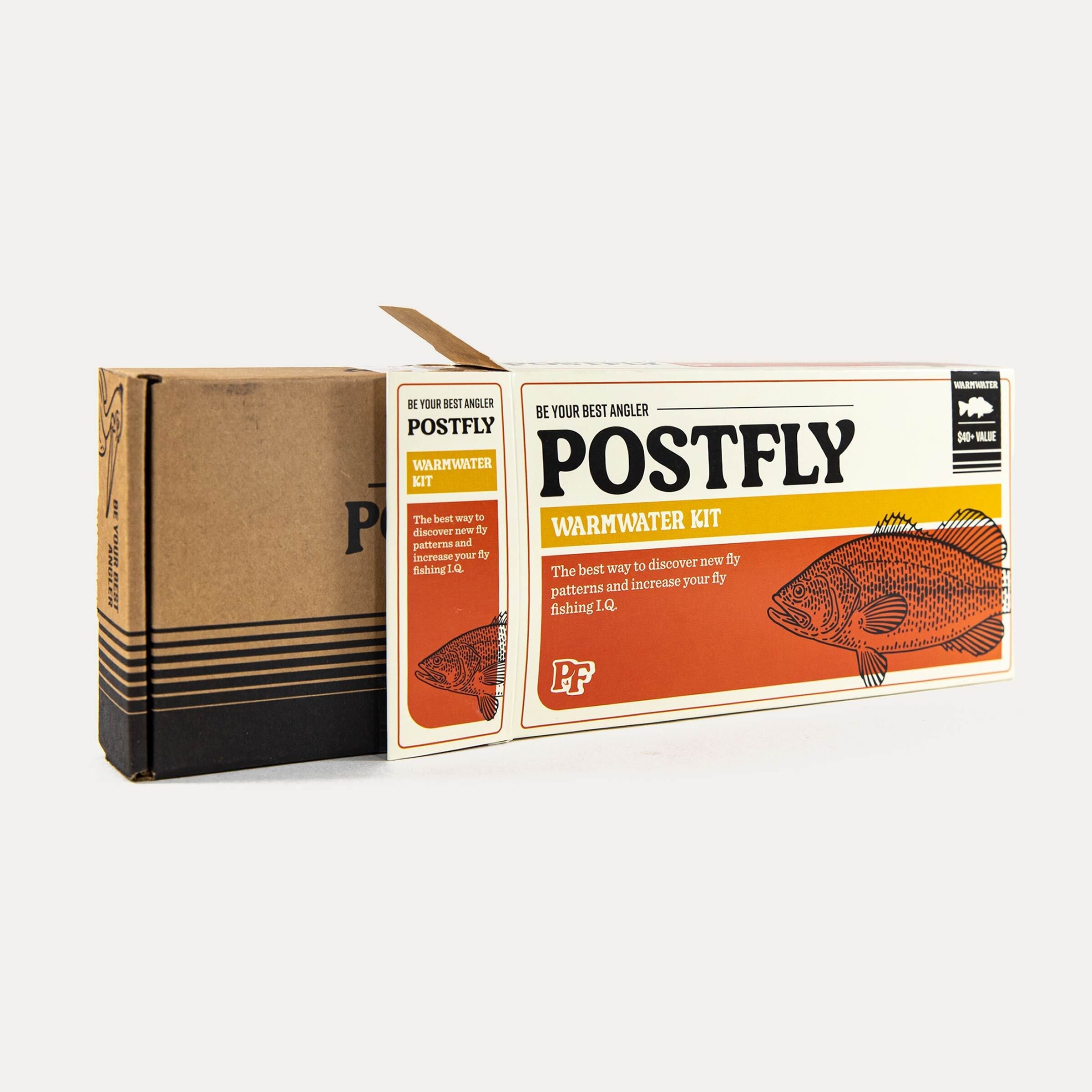 Warmwater fly assortment box with tan outer carton and Postfly Warmwater kit label