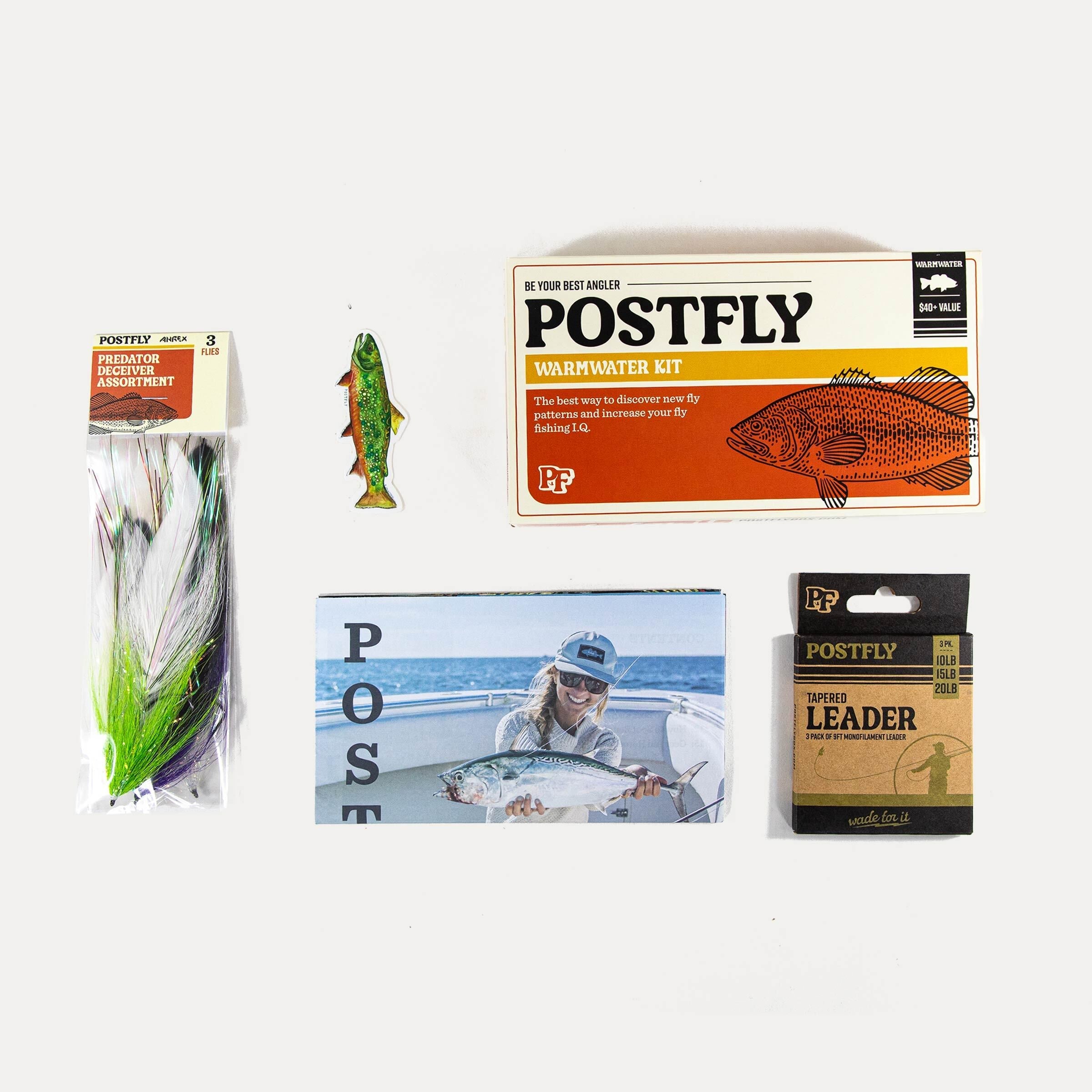 Warmwater fly assortment box contents: green fly, Postfly leader packet, and booklet