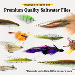 Assorted saltwater fishing flies with feather bodies and barbed hooks