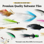 Assorted saltwater fishing flies featuring blue, green, purple, and black patterns