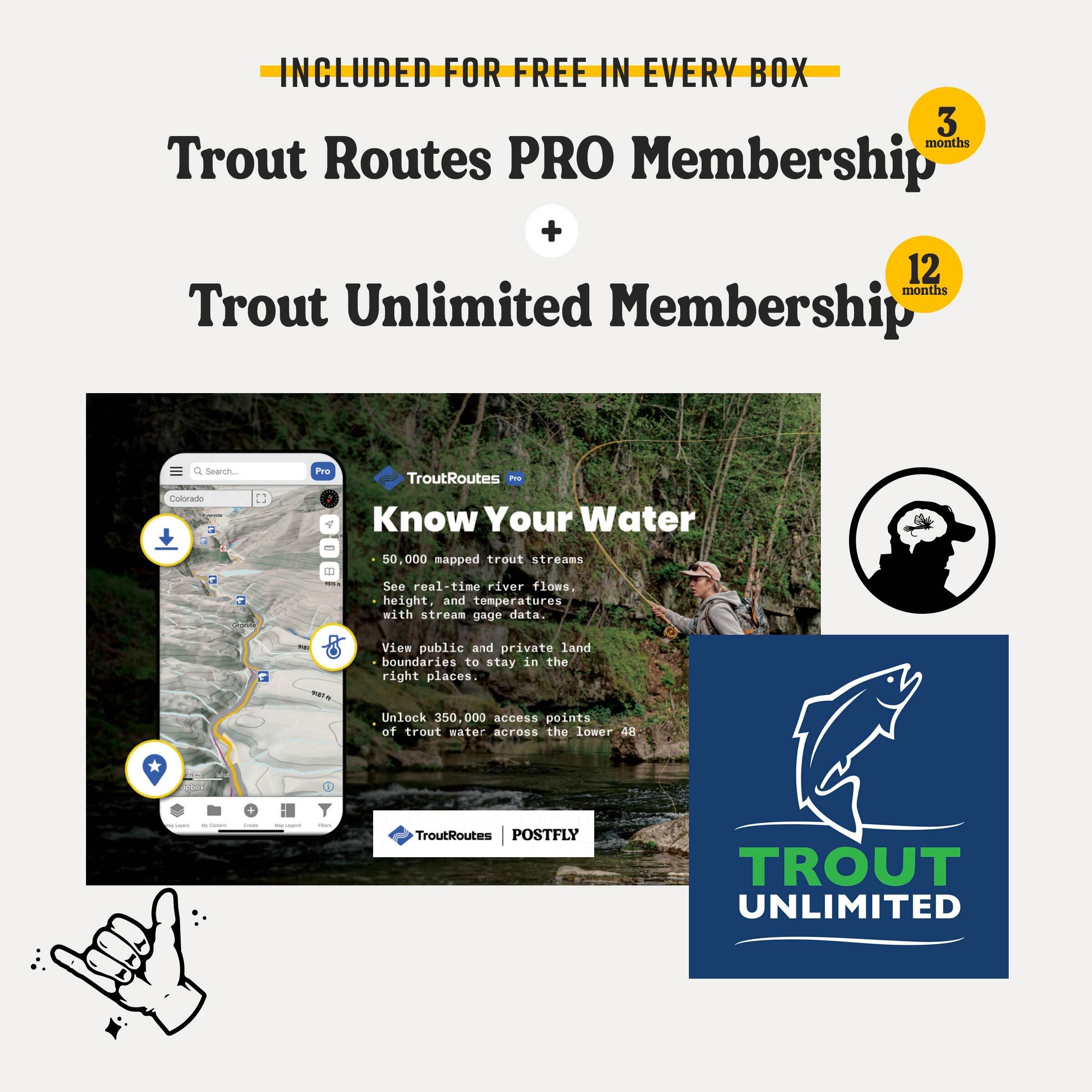 Trout Routes Pro and Trout Unlimited membership items included