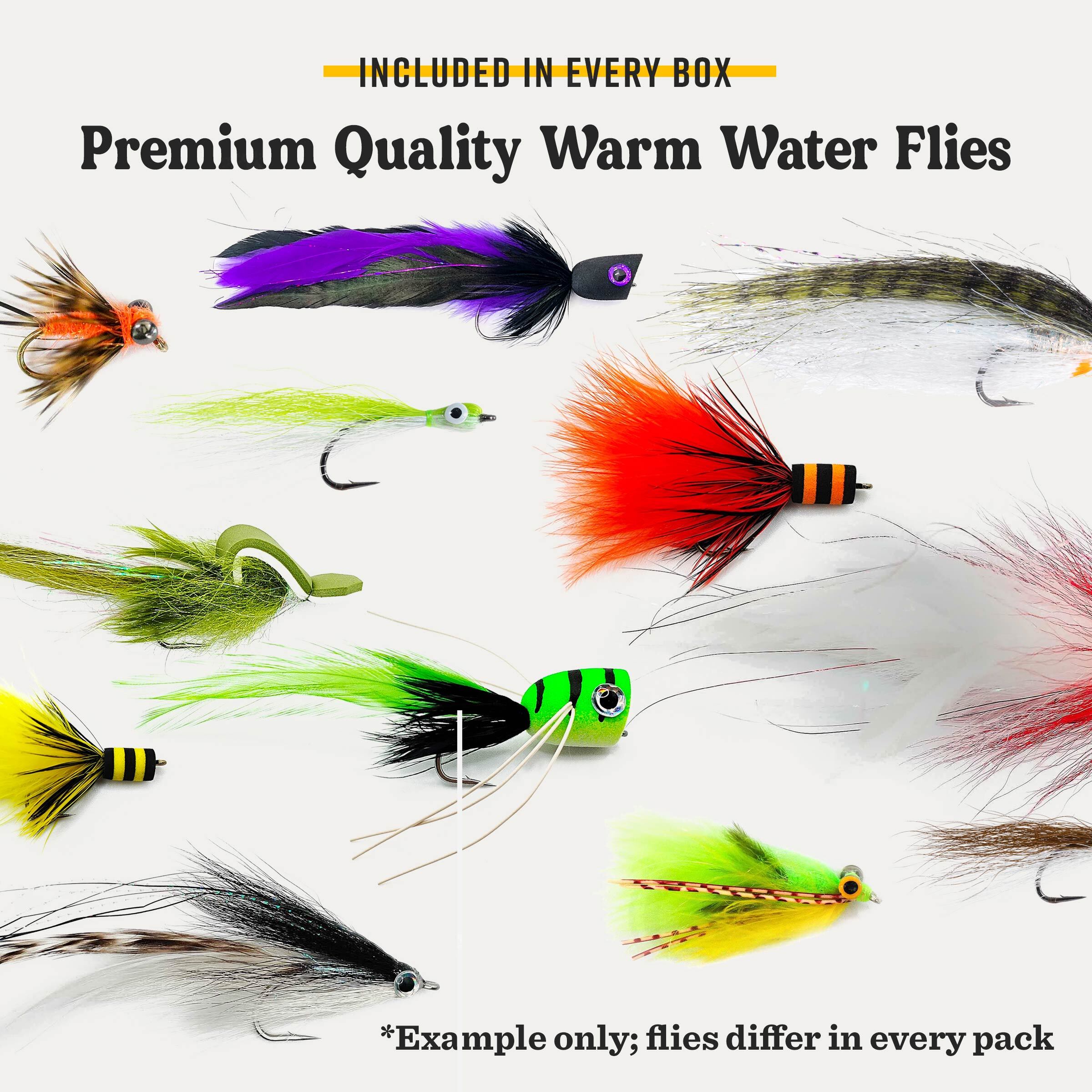 Premium warm water flies lineup with bright foam and feather streamers