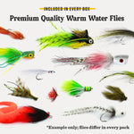 Premium warm water flies lineup with colorful feathers and hooked jigs