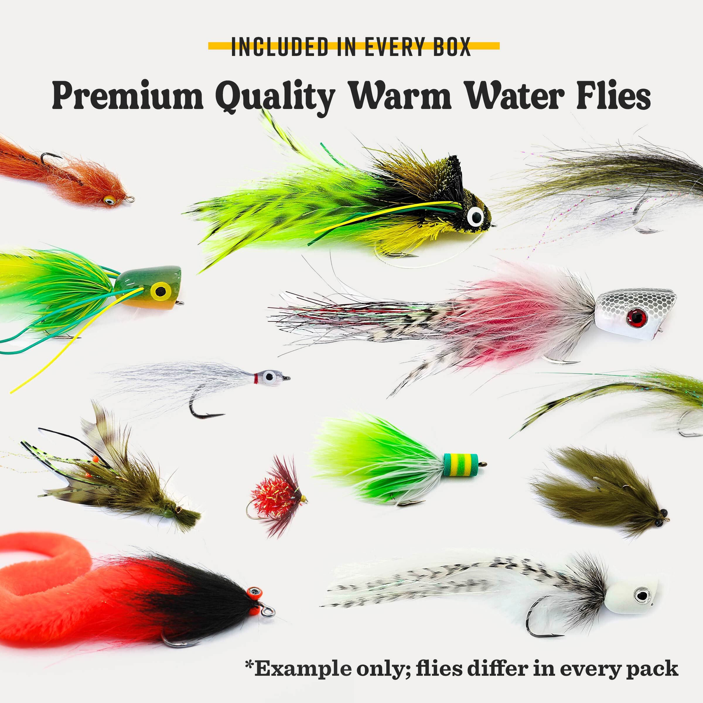 Premium warm water flies lineup with colorful feathers and hooked jigs