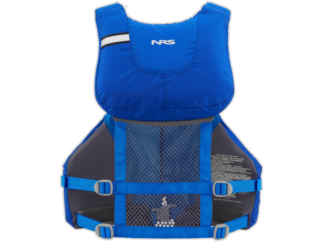 Blue NRS mesh-back PFD life jacket with back mesh panel and waist straps