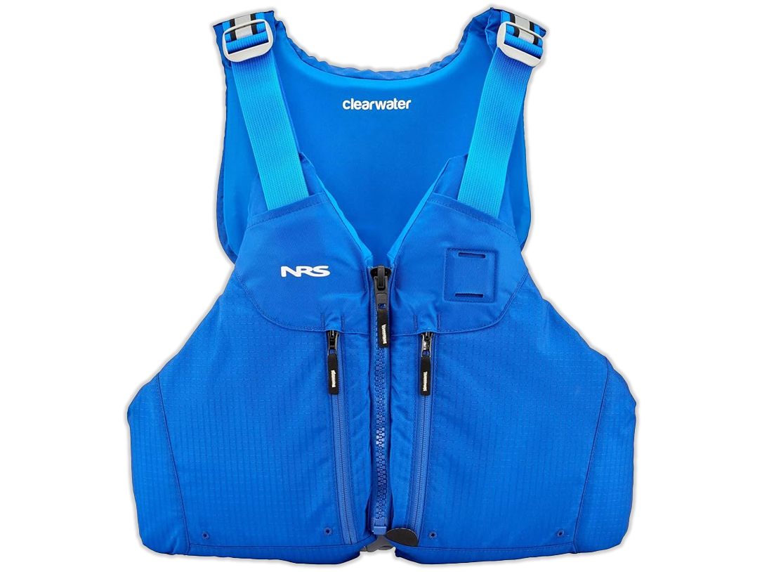Blue NRS Clearwater mesh-back PFD life jacket with front zipper and shoulder straps