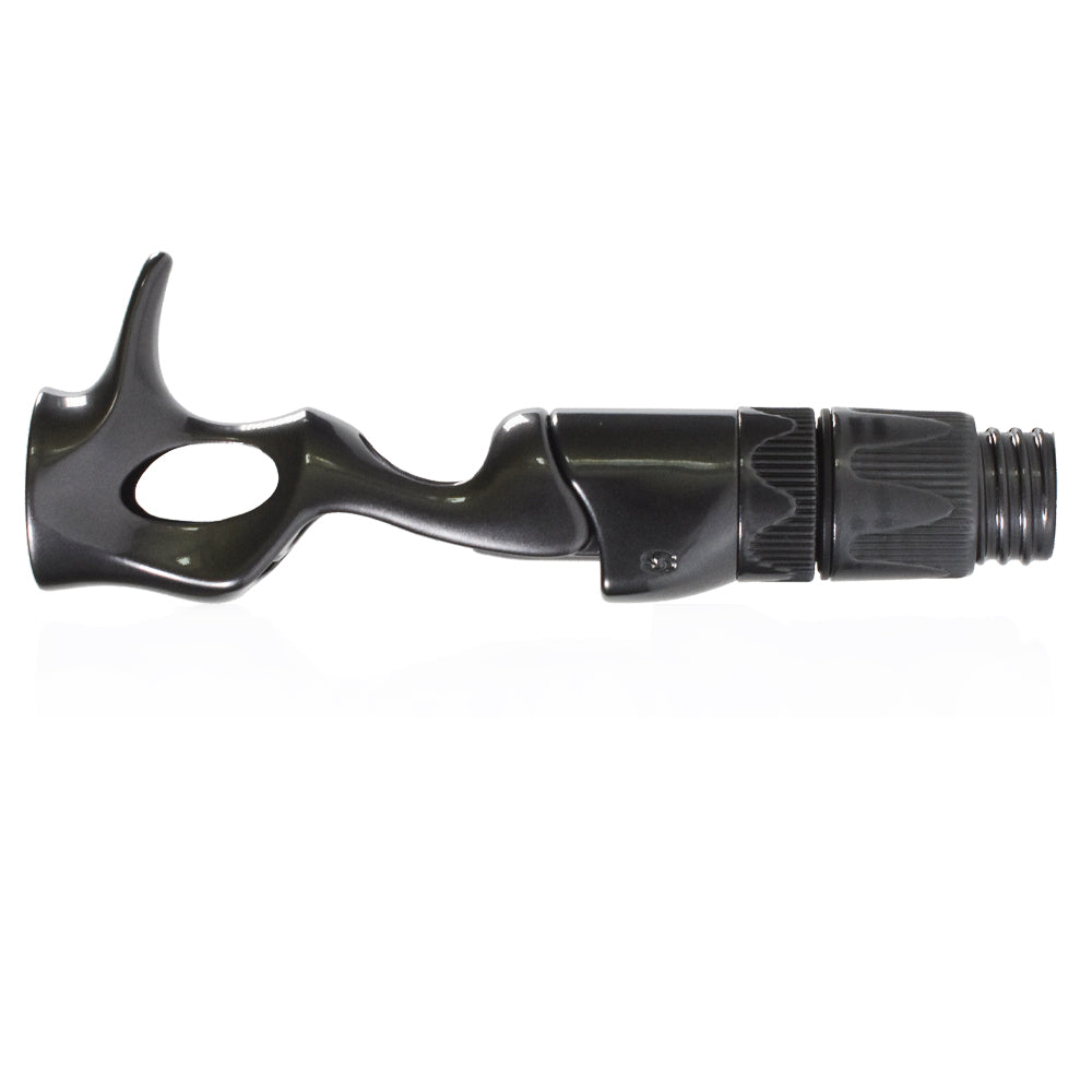 Black casting reel seat with silver-toned insert, textured hood, and threaded end