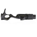 Black casting reel seat with silver-toned insert, textured hood, and threaded end