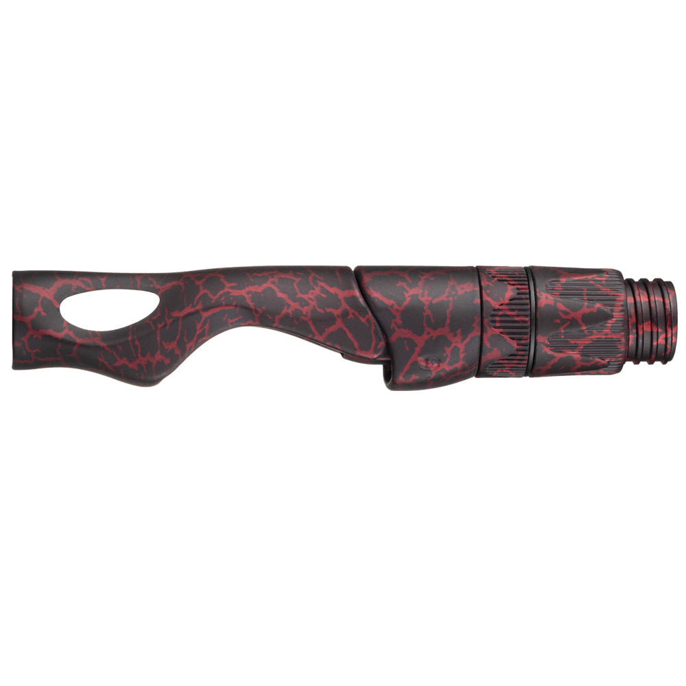 Spinning reel seat in dark red cracked pattern, oval grip window and ribbed hood