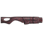 Spinning reel seat in dark red cracked pattern, oval grip window and ribbed hood