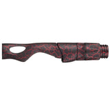 Spinning reel seat in dark red cracked pattern, oval grip window and ribbed hood