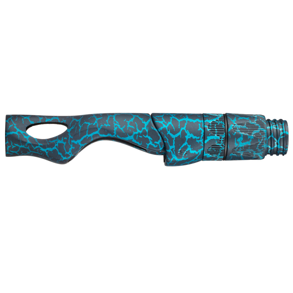 Spinning reel seat in blue cracked pattern, oval grip window and ribbed hood