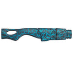 Spinning reel seat in blue cracked pattern, oval grip window and ribbed hood