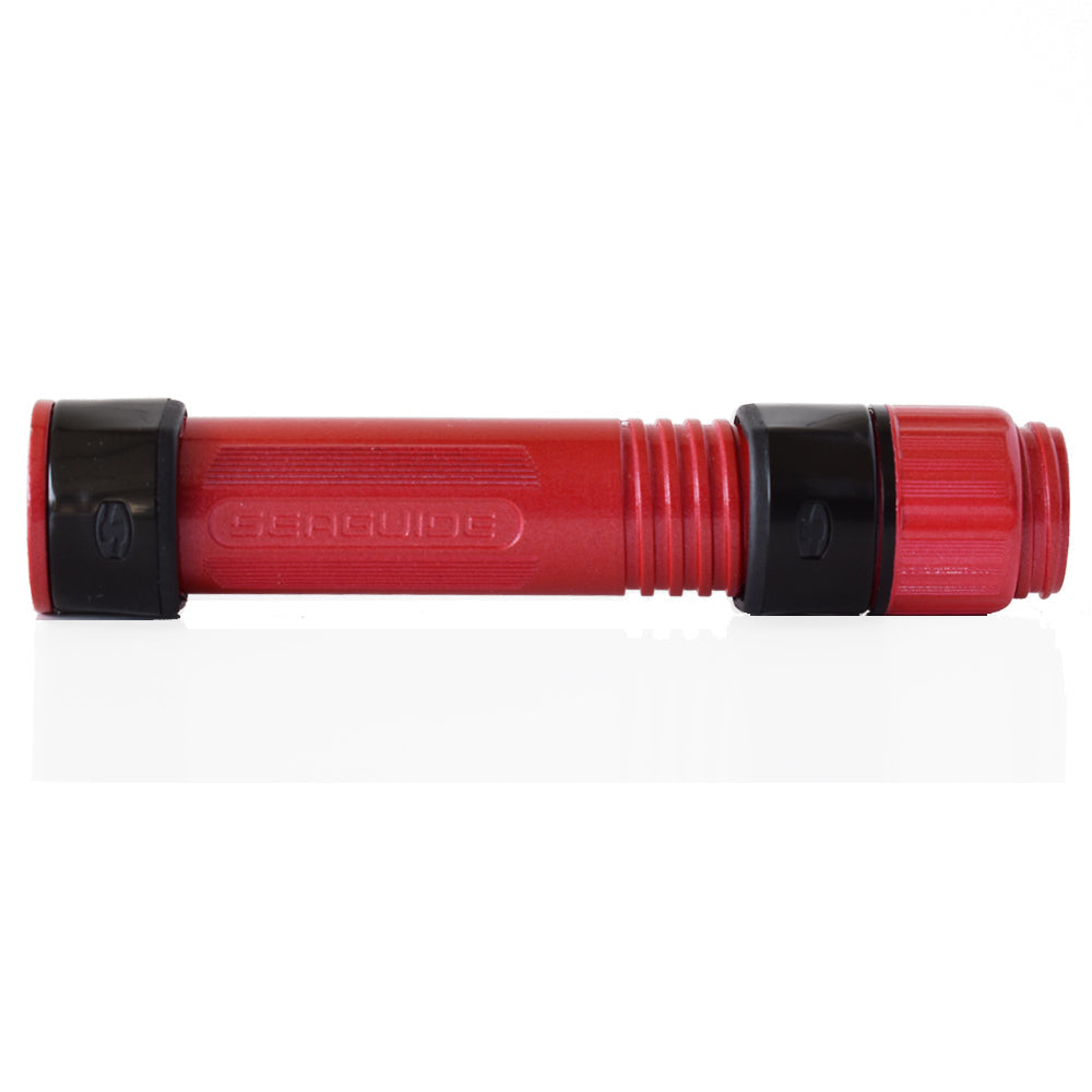 Red spinning reel seat with black end hoods and ribbed grip sleeves
