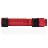 Red spinning reel seat with black end hoods and ribbed grip sleeves