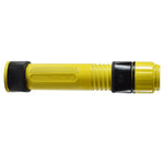 Yellow spinning reel seat with black end caps and threaded locking hood