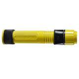 Yellow spinning reel seat with black end caps and threaded locking hood