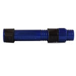 Dark blue spinning reel seat with black end hoods and ribbed grip sleeves