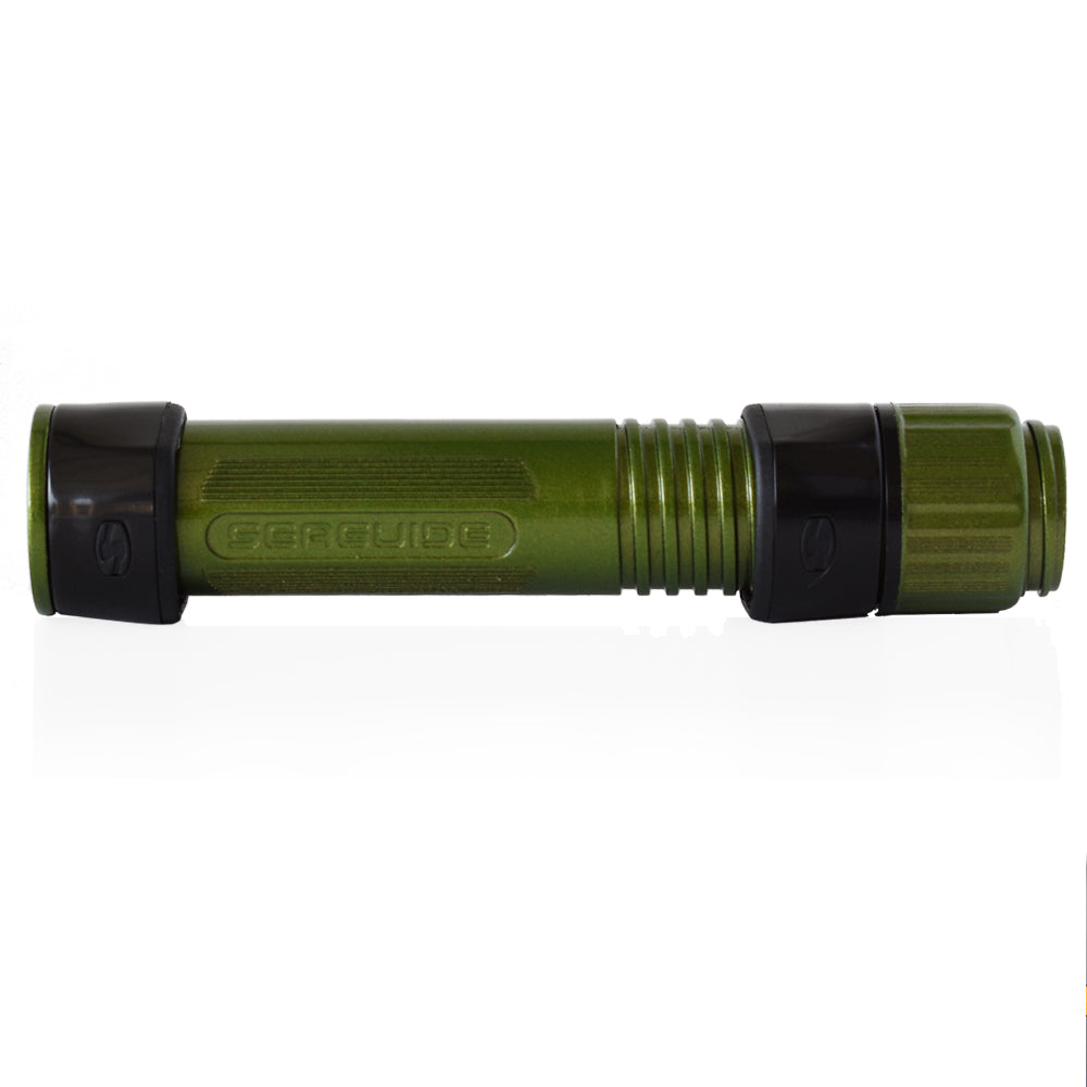 Army green spinning reel seat with black end hoods and ribbed grip sleeves