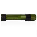 Army green spinning reel seat with black end hoods and ribbed grip sleeves