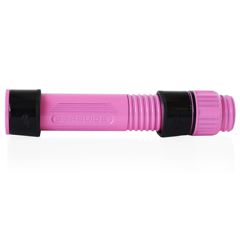 Pink spinning reel seat with black end hoods and ribbed grip sleeves