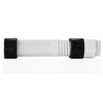 White spinning reel seat with black metal hoods and ribbed handle section