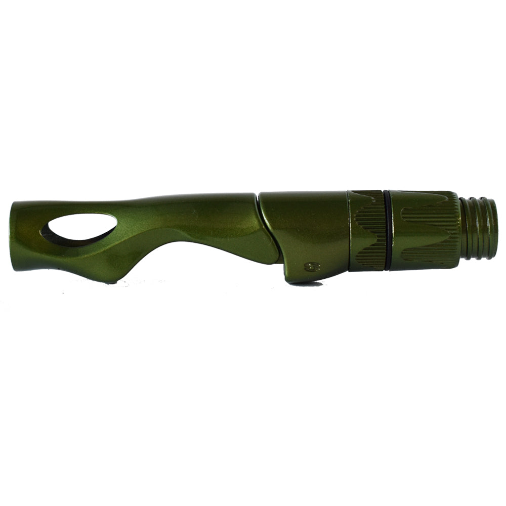 Spinning reel seat in dark green, oval grip window and ribbed hood with threaded end