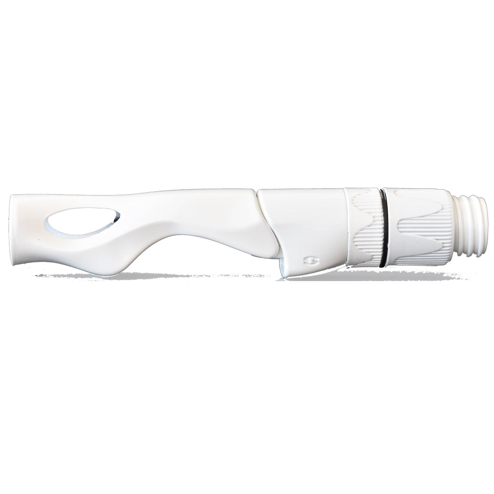 Spinning reel seat in white, oval grip window and ribbed hood with threaded end