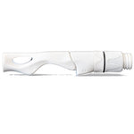 Spinning reel seat in white, oval grip window and ribbed hood with threaded end