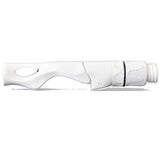 Spinning reel seat in white, oval grip window and ribbed hood with threaded end